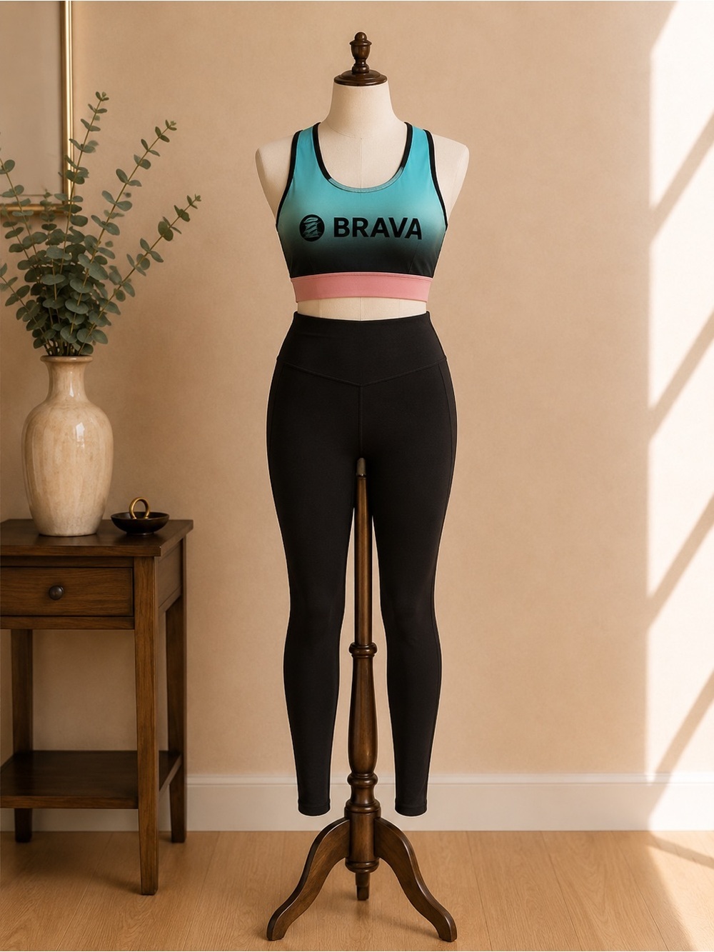 BRAVA Colorblock Racerback Medium Support Sports Bra Turquoise Pink Black Size M